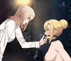 2girls angelica_rapha_redgrave blonde_hair bondage bossbb41 breasts gag gagged hair_bun multiple_girls olivia_(mobseka) otome_game_sekai_wa_mob_ni_kibishii_sekai_desu red_eyes yuri