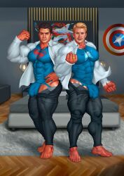 2boys actor alternate_version_available bedroom big_bulge bulge captain_america captain_america's_shield captain_america_(series) celebrity chris_evans clark_kent clothed crossover dc dc_extended_universe excessive_muscles extreme_muscles flexing henry_cavill huge_bulge human human_only in_character jockstrap kal-el light-skinned_male light_skin looking_at_viewer male male_only marvel marvel_cinematic_universe muscular muscular_male open_pants open_shirt penis_outline steve_rogers superman unzipped_pants yaoi zharts