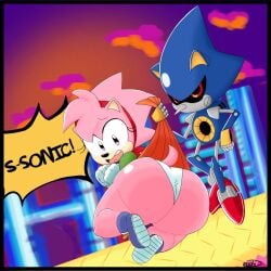 amy_rose big_butt classic_amy_rose embarrassed female female_focus flustered fully_clothed hedgehog huge_ass metal_sonic mochikirb panties pink_fur pink_skin shortstack skirt_lift skirt_pull sonic_(series) sonic_cd sonic_the_hedgehog_(series) white_panties