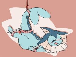 ambiguous_gender blush bondage discocci feral furry handcuffed handcuffs hanging_by_tail open_mouth padlock pokémon_(species) pokemon pokemon_rgby solo spreader_bar suspension tail_cuff tail_restraint vaporeon