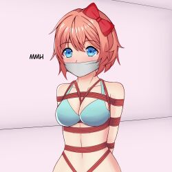 arms_behind_back arms_tied arms_tied_behind_back blue_eyes blush bondage bonkulus bound bound_arms bra breasts cloth_gag doki_doki_literature_club female female_only femsub gag gagged hair_ribbon navel rope rope_bondage rope_harness sayori_(doki_doki_literature_club) solo solo_female submissive_female