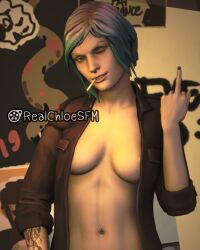 1girls 3d 3d_(artwork) artist_logo artist_name artist_self-insert artist_signature blue_eyes blue_hair breasts breasts_out chloe_price cigarette cigarette_in_mouth cover covered_nipples covering covering_breasts female female_only grin happy jacket jacket_open life_is_strange middle_finger no_hat realchloesfm sfm smirk smirking smirking_at_viewer smoke smoking solo source_filmmaker twitter_username viewer_perspective wink winking