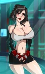 1girls breasts cleavage clothed female female_only final_fantasy final_fantasy_vii large_breasts lipstick looking_at_viewer phazyn red_eyes short_hair smile solo tifa_lockhart