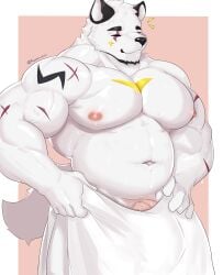 absurd_res anthro belly canid canine canis domestic_dog front_view hi_res male mammal muscular muscular_anthro muscular_male nipples nordic_sled_dog ruxxx-uwu samoyed smile solo spitz standing towel white_body