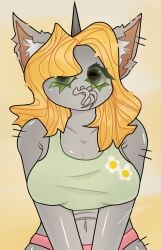 1girls 2d 2d_(artwork) alien alien_girl alien_humanoid alien_only anthro arms artist_signature bashlyator bashlyator_(spore) beige_ears beige_fur belly belly_button big_breasts blonde_hair breasts cat_ears chest chubby_cheeks close-up clothed clothed_female clothes clothing color colored cute eyelashes eyes eyes_open face fat feet_out_of_frame feline female female_focus female_only gray_body gray_skin green_eyes green_t-shirt green_topwear grey_fur grey_skin hair head high_resolution highres horn humanoid humanoid_hands humanoid_limbs long_ears long_eyelashes long_hair looking_at_viewer mammal mammal_humanoid mouthless neck nikolauss no_humans no_pants open_eyes panties pantsless pattern_clothing payer_(spore) pink_briefs pink_panties pink_thong pointy_ears pupils shiny shiny_body shiny_skin shoulder_length_hair shoulders simple_background sitting solo solo_female solo_focus spore spore_(game) standing stomach t-shirt tentacle_mouth thorn topwear underpants underwear wavy_hair white_fur wide_hips yellow_background yellow_hair