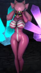 2020 3d_(artwork) 9:16 anthro big_breasts breasts crystal diancie digital_media_(artwork) female genitals grey_body grey_skin half-closed_eyes hand_on_head hi_res jewelry legendary_pokémon narrowed_eyes necklace nintendo pink_body pokémon_(species) pokemon pokesymbiote pose pussy red_eyes smile solo source_filmmaker standing symbiote video_games