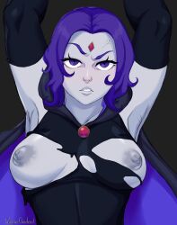 angry arms_up big_breasts cape dc dc_comics forehead_jewel galactic_overlord gray_skin purple_eyes purple_hair rachel_roth raven_(dc) ripped_clothes ripped_clothing short_hair smooth_skin teen_titans vein