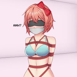 arms_behind_back arms_tied arms_tied_behind_back blindfold blush bondage bonkulus bound bound_arms bra breasts cloth_gag doki_doki_literature_club female female_only femsub gag gagged hair_ribbon navel rope rope_bondage rope_harness sayori_(doki_doki_literature_club) solo solo_female submissive_female