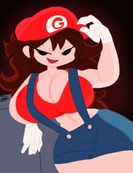 background big_breasts black_eyes blue_clothing bra brown_hair cdk female fnf_mods friday_night_funkin friday_night_funkin_mod girlfriend_(friday_night_funkin) gloves hat long_hair mario_(cosplay) mario_(series) mario_girlfriend_(fnf) mario_hat marios_madness mob_face no_pupils overalls red_clothing red_hair smirk suspenders thick_thighs