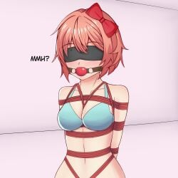 arms_behind_back arms_tied arms_tied_behind_back ball_gag blindfold blush bondage bonkulus bound bound_arms bra breasts doki_doki_literature_club female female_only femsub gag gagged hair_ribbon navel rope rope_bondage rope_harness sayori_(doki_doki_literature_club) solo solo_female submissive_female