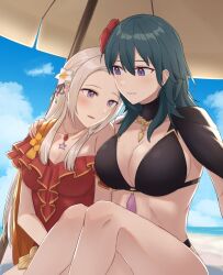 2girls alternate_costume bikini black_bikini black_swimsuit breasts byleth_(fire_emblem) byleth_(fire_emblem)_(female) byleth_(summer)_(fire_emblem)_(female) edelgard_von_hresvelg edelgard_von_hresvelg_(summer) female female_only fire_emblem fire_emblem:_three_houses fire_emblem_heroes inuzuka_nr medium_hair nintendo official_alternate_costume one-piece_swimsuit outdoors red_swimsuit swimsuit yuri