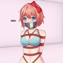 arms_behind_back arms_tied arms_tied_behind_back blue_eyes blush bondage bonkulus bound bound_arms bra breasts doki_doki_literature_club female female_only femsub gag gagged hair_ribbon navel rope rope_bondage rope_harness sayori_(doki_doki_literature_club) solo solo_female submissive_female tape tape_gag