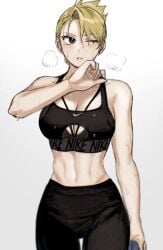 1girls abs after_workout athletic athletic_female belly big_breasts blonde_hair breasts crop_top female female_only fit fullmetal_alchemist fully_clothed muscle muscle_tone muscular muscular_female post_workout riza_hawkeye six_pack sniper solo sports_bra sportswear sweat sweating sweaty toned toned_female tsuki_51219 tummy workout_clothes yoga_pants