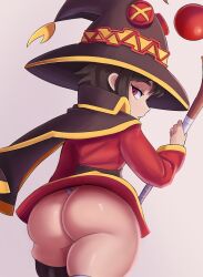 1girls ass big_ass bubble_butt clothing cranihum fat_ass female female_only hat kono_subarashii_sekai_ni_shukufuku_wo! looking_at_viewer looking_back megumin panties solo staff thick_thighs upskirt