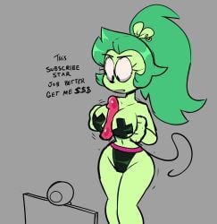 adult_fink aged_up anthro big_breasts breasts camera cartoon_network clothing computer digital_media_(artwork) dildo ear_piercing ear_ring english_text female fink_(ok_k.o.!_lbh) fink_(ok_k.o.!_let's_be_heroes) fur green_body green_fur green_hair hair hi_res looking_down mammal monamania mouse murid murine navel nipple_tape ok_k.o.!_let's_be_heroes open_mouth panties pasties piercing rat ring_piercing rodent sex_toy simple_background solo tape text underwear webcam