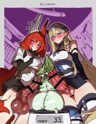 2futas :q animal_ears animal_genitalia arknights balls bar_censor bare_shoulders big_balls black_gloves blonde_hair blue_hairband blue_necktie blush bottomless braid breasts censored clothed clothing condom condom_on_penis cowboy_shot cum dark_penis darkened_genitalia detached_collar detached_sleeves duo ear_covers erection excessive_cum finger_to_own_chin flametail_(arknights) from_below futa_only futa_sans_balls futanari gloves hair_between_eyes hairband heart heart-shaped_pupils highres humanoid humanoid_penis index_finger_raised intravaginal_futanari kemonomimi large_penis licking_lips light-skinned_futanari long_hair looking_at_viewer low-angle_view mirin_chikuwa mostly_clothed multiple_girls necktie no_testicles penis penis_size_difference pussy red_eyes red_hair saileach_(arknights) shared_condom shirt small_breasts squirrel_ears squirrel_girl squirrel_tail standing symbol-shaped_pupils tail testicles tongue tongue_out twitter_username used_condom used_condom_on_penis v-shaped_eyebrows weighing_scale white_shirt