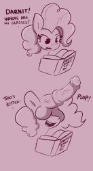 2022 absurd_res big_balls big_penis dick_on_head english_text happy horsecock humor line_art my_little_pony pinkie_pie_(mlp) pony reading reading_book smile smiling straight_hair tjpones