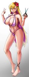 1girls alternate_costume big_breasts blonde_hair boryeon_(hawaiian_bikini)_(last_origin) boryeon_(last_origin) breasts busty curvaceous curves curvy curvy_body curvy_female curvy_figure enormous_breasts female female_only hair_flower huge_breasts large_breasts last_origin light-skinned_female light_skin long_hair official_alternate_costume purple_eyes rangrang scissors solo v_sign voluptuous