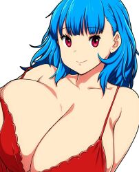 big_breasts blue_hair breasts bursting_breasts erkazooya errorkazoo female huge_breasts original original_character red_dress red_eyes rina_atherina rina_atherina_(errorkazoo) white_background