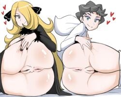 2girls anus ass big_ass big_butt blonde_hair blue_eyes blush bottomless cynthia_(pokemon) diantha_(pokemon) duo eye_contact female female_only game_freak grabbing_own_ass grey_eyes long_hair looking_at_viewer mature_female multiple_girls nintendo pokemon pokemon_champion pokemon_dppt pokemon_xy presenting presenting_ass pussy reach025 short_hair thick_thighs thighs