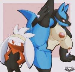 2022 anthro areola breasts digital_media_(artwork) duo female_lucario fingers flexible genitals hi_res knightmoonlight98 lucario male nintendo nipples one_leg_up pokemon pokemon_(species) pussy raboot raised_leg splits spread_legs spreading standing vertical_splits video_games