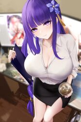 1girls 2022 bare_legs beauty_mark blush breasts cleavage drink female female_only genshin_impact hair_ornament hi_res hips holding_object huge_breasts liao_(artist) light-skinned_female light_blush light_skin liu_liaoliao long_hair looking_at_viewer mole_under_eye office_lady purple_eyes purple_hair raiden_shogun short_skirt skirt slim_waist thick_thighs thighs very_long_hair wide_hips yae_miko