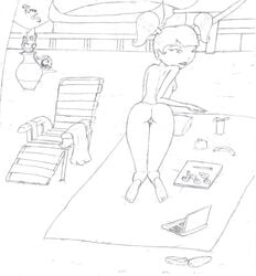 1girls ass barefoot beach beach_chair blanket breasts drinking_glass food from_behind iamnotcool123 jack_spicer kimiko_tohomiko laptop lipstick monochrome nude nude_beach outdoors outside pussy rough_art sandals sketch sketchy sneaking straw tied_hair twintails uncensored voyeur wuya xiaolin_showdown