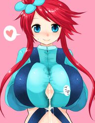 alternate_breast_size blush breast_grab breasts cum cum_on_body cum_on_breasts cum_on_upper_body hair_ornament han64 han_(jackpot) huge_breasts pokemon red_hair skyla_(pokemon) smile