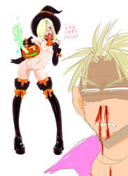 ash_crimson beige_skin bleeding blonde_hair blood blue_eyes candy color female food footwear front_view hair hair_over_one_eye halloween hat high_resolution human japanese_text king_of_fighters male nipples nosebleed open_eyes pumpkin pussy red_blood round_ears rule_63 shen_woo short_hair snk standing tan_skin text translation_request vulva white_background witch_hat