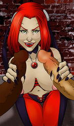 1girls 2boys alternate_version_available bloodrayne dark-skinned_male dark_skin female green_eyes interracial joey_vegas male multiple_boys penis rayne red_hair sex tagme threesome