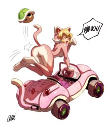 1girls ass blonde_hair blush cat cat_ears cat_peach cat_tail catsuit closed_eyes curvy earrings female female_only kart mario_(series) mario_kart nintendo ono-fire open_mouth princess princess_peach shell speech_bubble super_mario_3d_world tagme thick thighs wide_hips