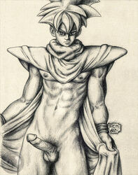 1boy abs cape dragon_ball dragon_ball_z front_view looking_at_viewer male male_only monochrome muscles nipples penis rough_canvas round_ears solo son_gohan standing super_saiyan