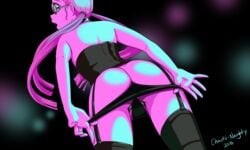 1boy 2018 artist_signature ass balls_in_panties bare_shoulders chaoticnaughty chastity chastity_cage femboy garter_straps girly glasses looking_at_viewer looking_over_shoulder male male_only neon panties sissy thighhighs twintails undressing