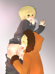 2boys blonde_hair closed_eyes fellatio fingers_in_mouth gay glasses green_eyes hands_on_legs heart heart_censor heavy_breathing kenny_mccormick leopold_butters_stotch male male_only oral oral_sex pants_down parka penis penis_in_mouth pointless_censoring south_park sweater tongue_out yaoi