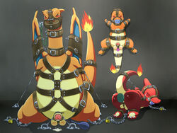 bondage bondage_gear charizard charmander charmeleon chastity chastity_cage chastity_device color fire furry gag male male_chastity male_only multiple_males nintendo pokémon_(species) pokemon pokemon_(species) pokemon_rgby tail tail_fire