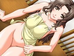 apron bare_shoulders black_eyes black_hair blush breasts female game_cg hanazawa_misaki huge_breasts legs long_hair looking_down my_tsuma naked_apron navel no_pussy nude sitting smile solo thighs yoshimura_kentaro