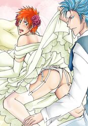 2boys bleach bride bride_gown crossdressing femboy garter garter_belt garter_straps gay grimmjow_jaegerjaquez hair_flower ichigo_kurosaki male male_only panties penis_under_dress rose_in_hair stockings tagme thighhighs thong wedding wedding_dress wedding_veil yaoi