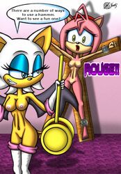 amy_rose anthro bondage breasts color dialogue english_text female furry furry_only gloves nude piko-piko_hammer pink_hair rouge_the_bat short_hair sonic_(series) standing text uncensored weapon white_hair wings