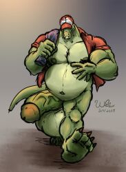 anthro balls belly big_balls big_belly big_penis clothing crocodile crocodilian crocodylid genitals hand_on_stomach hat headgear headwear hi_res male mature_male muscular muscular_male overweight overweight_male penis reptile scalie solo strongfat wolfsecret