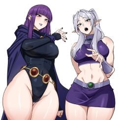 2girls absurdres alternate_costume big_breasts black_leotard breasts cape commentary cosplay crop_top curvy dc dc_comics dress elf english_commentary female female_only fern_(sousou_no_frieren) frieren green_eyes highleg highleg_leotard highres large_breasts leotard long_hair looking_at_viewer mg99 mg991998 midriff multiple_girls navel open_mouth pointy_ears purple_cape purple_eyes purple_hair purple_shirt purple_skirt raven_(cosplay) raven_(dc) raven_(dc)_(cosplay) shiny_skin shirt simple_background skirt sleeveless sleeveless_dress sousou_no_frieren starfire starfire_(cosplay) teen_titans twintails white_background white_hair wide_hips