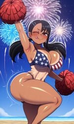 4th_of_july ai_generated asian_female ass beach beach_background big_ass big_breasts bikini blush bouncing_breasts brown_eyes bubble_butt cheering cleavage cleavage_overflow cloud cute dark-skinned_female fireworks flag_bikini flag_print hayase_nagatoro hi_res huge_ass huge_breasts motion_lines night_sky pigtails please_don't_bully_me,_nagatoro plump_ass pom_pom_(cheerleading) pom_poms shiny_skin shortstack smiling tanned tanned_skin thick_thighs tongue_out twerking wide_hips wink