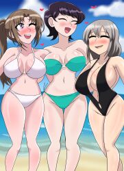 3girls big_breasts bikini bikini_bottom bikini_top black_bikini blush breasts brown_hair cleavage closed_eyes faramound female female_only green_bikini grey_hair heart huge_breasts komi-san_wa_komyushou_desu komi_shuuko mature_female mature_woman milf mother multiple_girls one_eye_closed oosuki_mamako purple_eyes purple_hair smile tsuujou_kougeki_ga_zentai_kougeki_de_ni-kai_kougeki_no_okaasan_wa_suki_desu_ka? uzaki-chan_wa_asobitai! uzaki_tsuki white_bikini wink