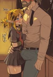 2boys ai_art ai_generated almond_eyes beard black_hair blue_eyes brat bratty bratty_submissive bulge bulge_through_clothing choker crossdressing dirty_talk earrings embarassed femboy femboy_on_male feminine_male feminization flirting girly girly_boy golden_hair hylian hylian_ears imminent_sex jeans licking_lips link link_(breath_of_the_wild) link_(tears_of_the_kingdom) long_hair long_nails luxica males_only necktie novelai school_uniform schoolgirl_uniform sensei size_difference teacher teacher_and_student teasing text the_legend_of_zelda trap triforce twink uncensored yaoi