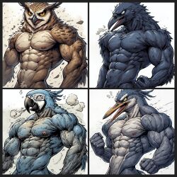 abs ai_generated anthro athletic athletic_anthro athletic_male avian beak biceps bird bodybuilder crow feathers furry macaw muscle_tone muscular muscular_anthro muscular_male navel nipples nude owl pecs ripped_muscles toned toned_body toned_male