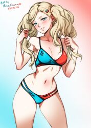 1girls 2022 ann_takamaki artist_signature atlus bikini blonde_hair blue_eyes breasts dated female female_only hair_ornament hips large_breasts long_hair minacream nintendo_switch nintendo_switch_colors persona persona_5 persona_5_royal sega simple_background slim_waist thighs two_tone_bikini wide_hips