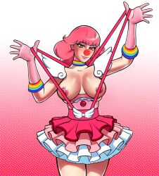 arms_up big_breasts big_nipples breasts clown clown_girl clussy curvy female female_only fingerpaints frilled_skirt geiru_toneido gloves gyakuten_saiban hands_up huge_breasts huge_nipples nipples pink_hair pink_nipples red_nose skirt slim_waist straps suspenders