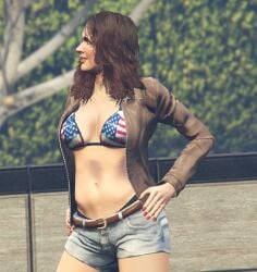 1girls 3d 3d_(artwork) absurd_res alternate_outfit amanda_de_santa american_flag_bikini_top beautiful_woman belted_shorts beltshorts black_panties blue_eye brown_jacket cleavage denim_shorts female_only game_mod grand_theft_auto grand_theft_auto_v happy_female highres jacket jean_shorts large_breasts large_tits leaning_hips leaning_to_the_side mature_woman milf mother red_fingernails ring rockstar_games simmeh smiling source_request standing unbothered wedding_ring wife