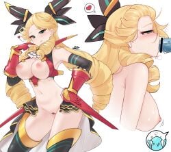 absurdres bar_censor blonde_hair blush breasts calamary_(battle_cats) censored female heart highres long_hair looking_at_viewer multiple_views myrcia myrcia_(nyanko_daisensou) navel nipples nyanko_daisensou oral pussy rak_rak_yee smile source_request speech_bubble the_battle_cats white_background