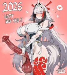 1futa 2026 absurdres animal_penis artist_name black_hair breasts chinese_zodiac erection female futa_only futanari gradient_background grey_hair happy_new_year heart highres horse_penis horsecock huge_cock huge_testicles large_breasts leg_tattoo long_hair looking_at_viewer multicolored_hair new_year no_nostrils penis red_background red_hair solo solo_futa spoken_heart standing tattoo testicles thighs very_long_hair xipa ye_shunguang year_of_the_horse zenless_zone_zero