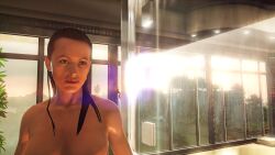 3d 3d_(artwork) absurd_res absurdres bare_shoulders brown_hair collarbone diana_burnwood edited_screencap emotionless_female expressionless fully_nude fully_nude_female hitman hitman_absolution long_hair oblivious red_lipstick showering standing tagme topless_female waves_(artist)